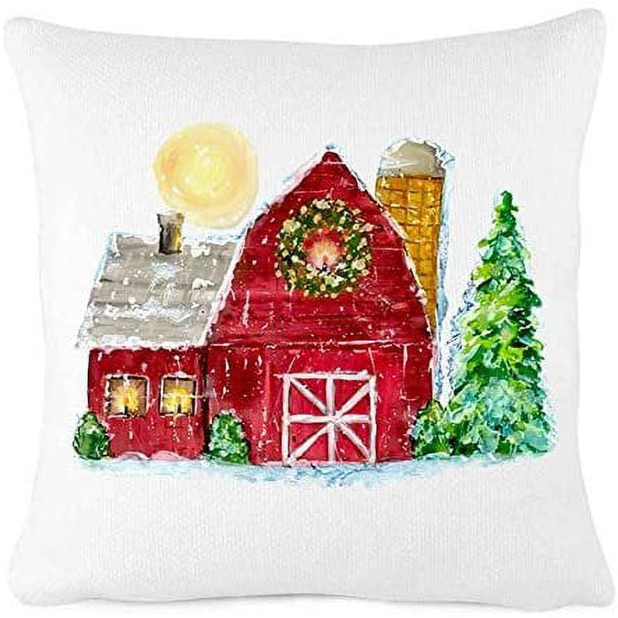 What for apparel Classic Christmas Red Barn Painting Pillow Cover Christmas  Décor Farmhouse Holiday Decorations (Oatmeal 20x20) Cotton Linen Couch  Throw Home Decorations 