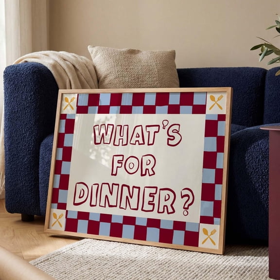 What’s For Dinner Funky Kitchen Quote Red Blue Checkered Retro Dining Room Food Typography, Unframed Poster