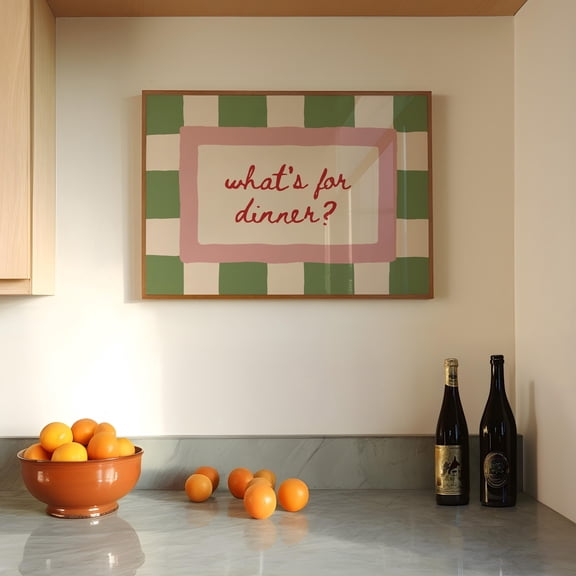 What’s For Dinner Print, Bold Funky Kitchen Poster, Trendy Quirky Art, Green Pink, Horizontal (Unframed)