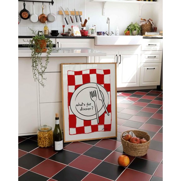 What's For Dinner Wall Art: Kitchen Typography Red Checkered Pop Art