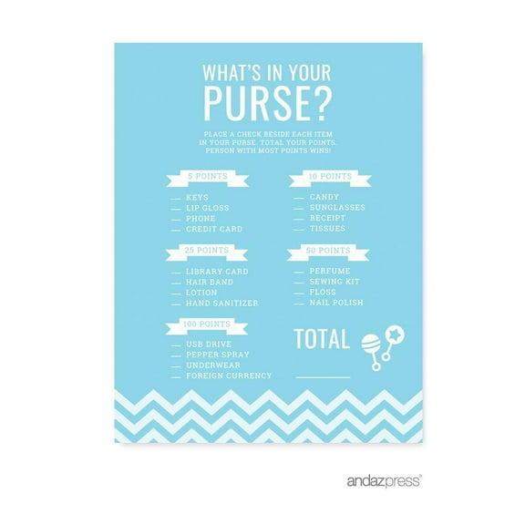 What's In Your Purse? Baby Blue Chevron Baby Shower Games, 20-Pack