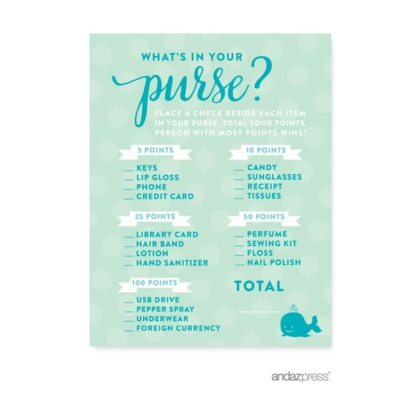 What's In Your Purse? Boy Whale Nautical Baby Shower Games, 20-Pack
