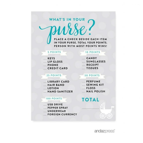 What's In Your Purse? Diamond Blue Baby & Co. Baby Shower Game, 20-Pack