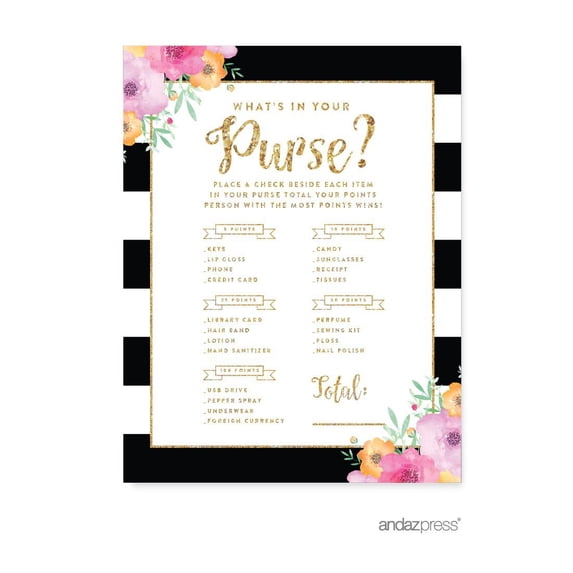 Koyal Wholesale Floral Gold Glitter Print Wedding, What's in Your Purse? Bridal Shower Game Cards, 20-Pack