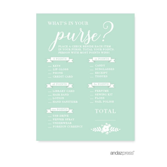 What's In Your Purse?  Floral Mint Green Wedding Bridal Shower Game Cards, 20-Pack