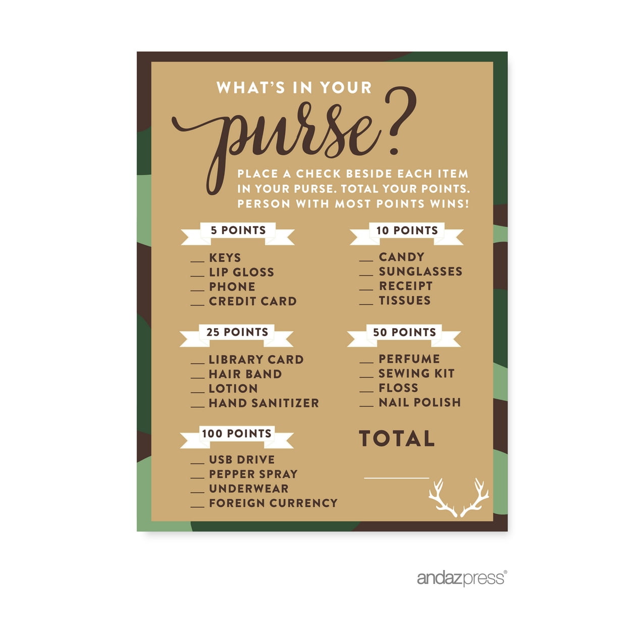 ANDAZ PRESS What's In Your Purse? Green Woodland Camouflage Boy Baby Shower Game, 20-Pack