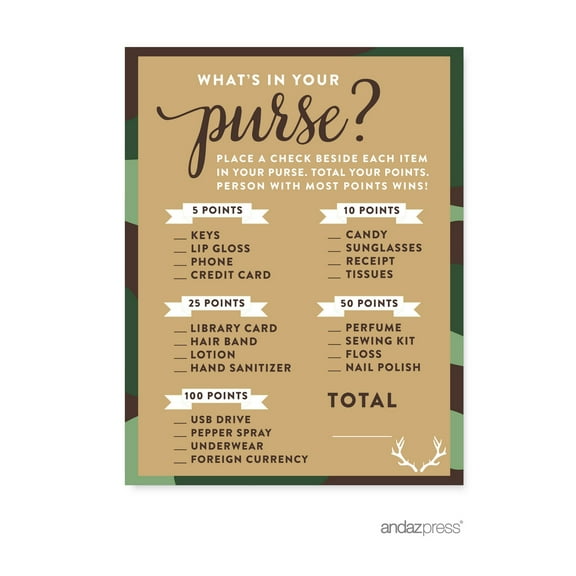 What's In Your Purse? Green Woodland Camouflage Boy Baby Shower Game, 20-Pack