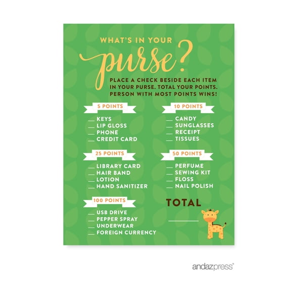 What's In Your Purse?  Jungle Safari Baby Shower Games, 20-Pack