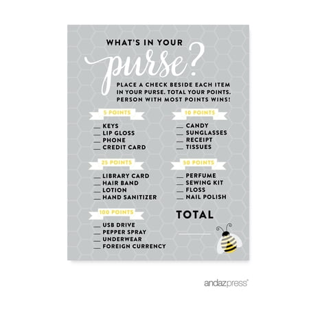 What's In Your Purse? Mama to Bee Bumblebee Gender Neutral Baby Shower Games , 20-Pack