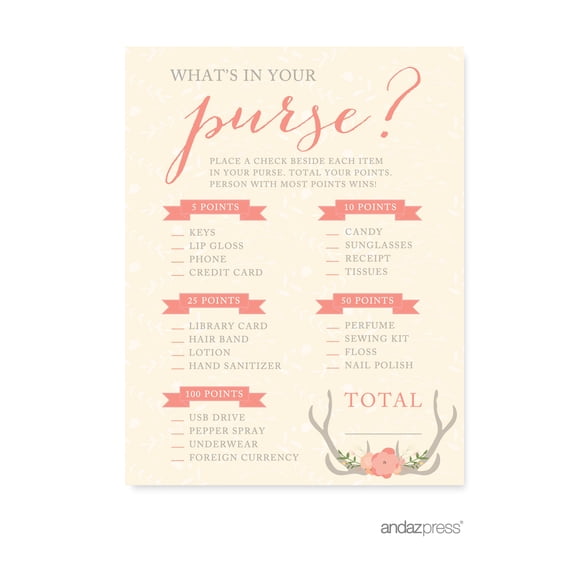 What's In Your Purse? Woodland Deer Wedding Bridal Shower Game Cards, 20-Pack