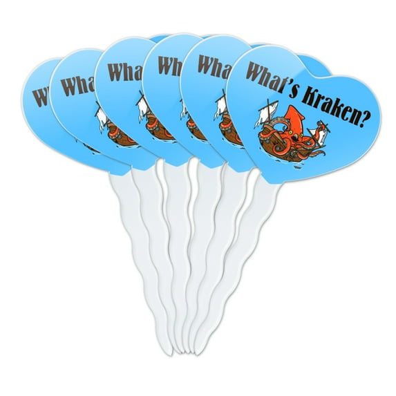 What's Kraken Giant Squid Destroying Ship Heart Love Cupcake Picks Toppers Decoration Set of 6