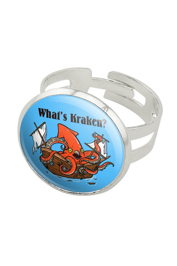 What's Kraken Giant Squid Destroying Ship Silver Plated Adjustable Novelty Ring