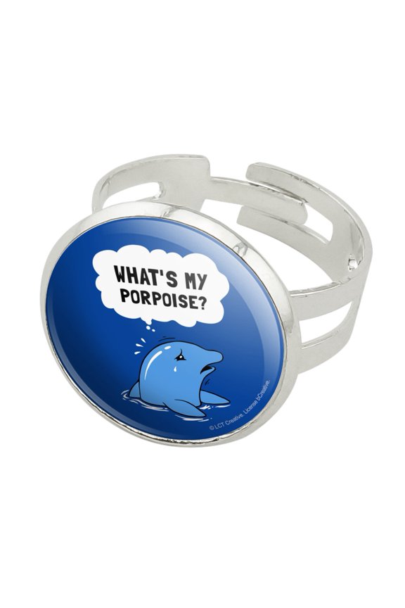 What's My Porpoise Purpose Funny Humor Silver Plated Adjustable Novelty Ring