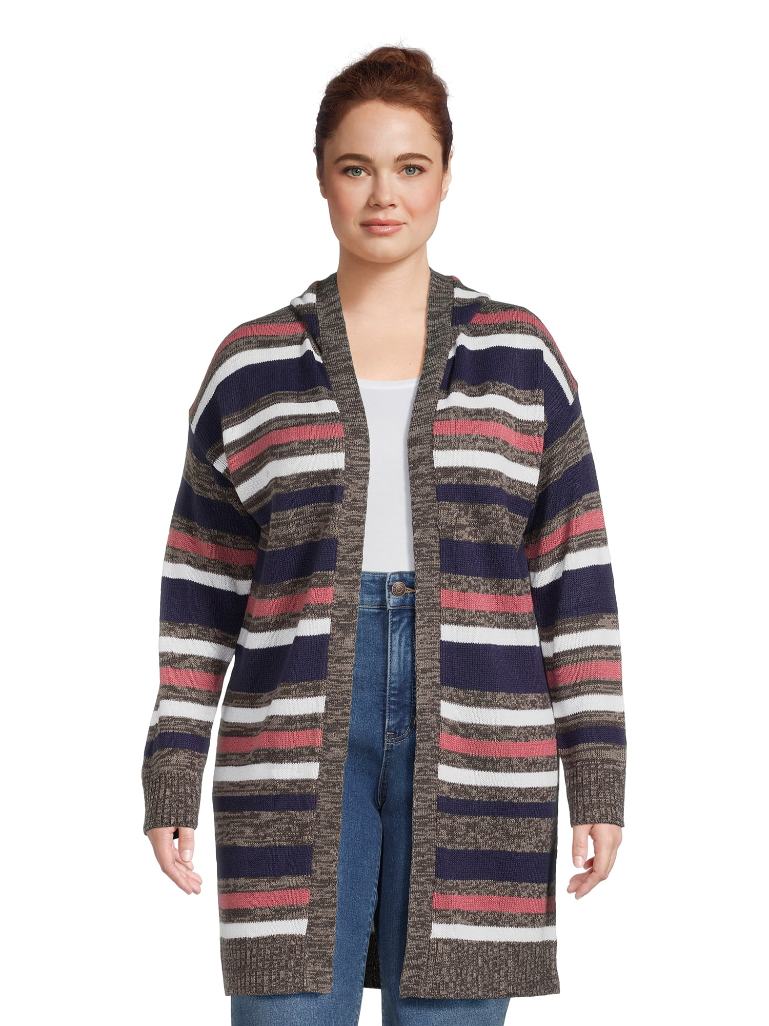 What s Next Women s Plus Size Striped Hoodie Cardigan Walmart