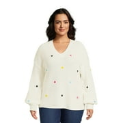 What's Next Women's Plus Size V-Neck Multi Heart Embroidery, Sizes 1X-4X