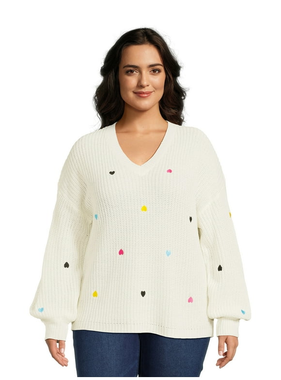 What's Next Women's Plus Size V-Neck Multi Heart Embroidery, Sizes 1X-4X
