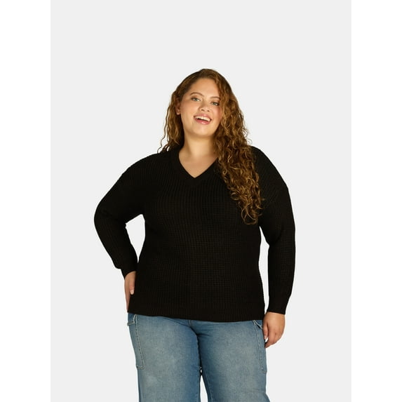 What's Next Women's Plus Waffle Knit V Neck Sweater, Lightweight, Sizes 1X-4X