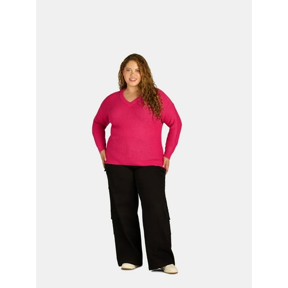 What's Next Women's Plus Waffle Knit V Neck Sweater, Lightweight, Sizes 1X-4X