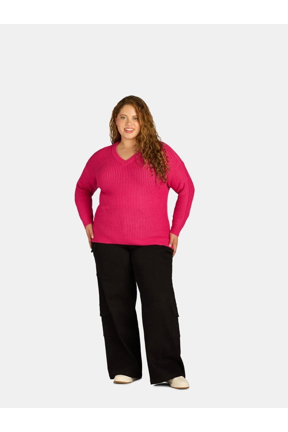 Women's Plus Waffle Knit V Neck Sweater, Lightweight, Sizes 1X-4X