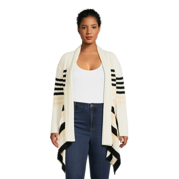 What's Next Women's and Women's Plus Striped Flyaway Cardigan Sweater, Midweight, Sizes XS-4X