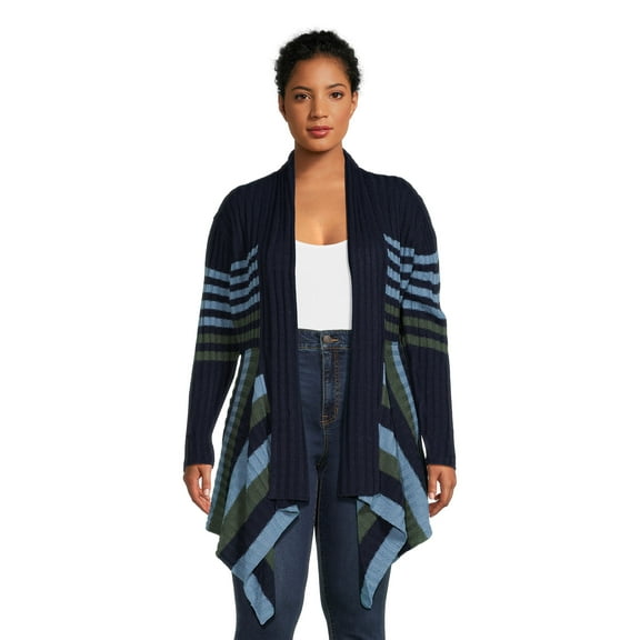 What's Next Women's and Women's Plus Striped Flyaway Cardigan Sweater, Midweight, Sizes XS-4X