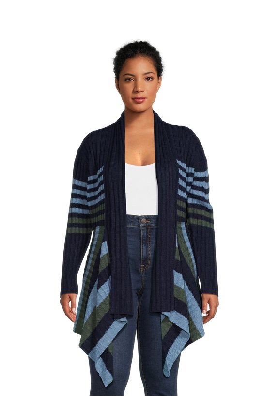 Women's and Women's Plus Striped Flyaway Cardigan Sweater, Midweight, Sizes XS-4X