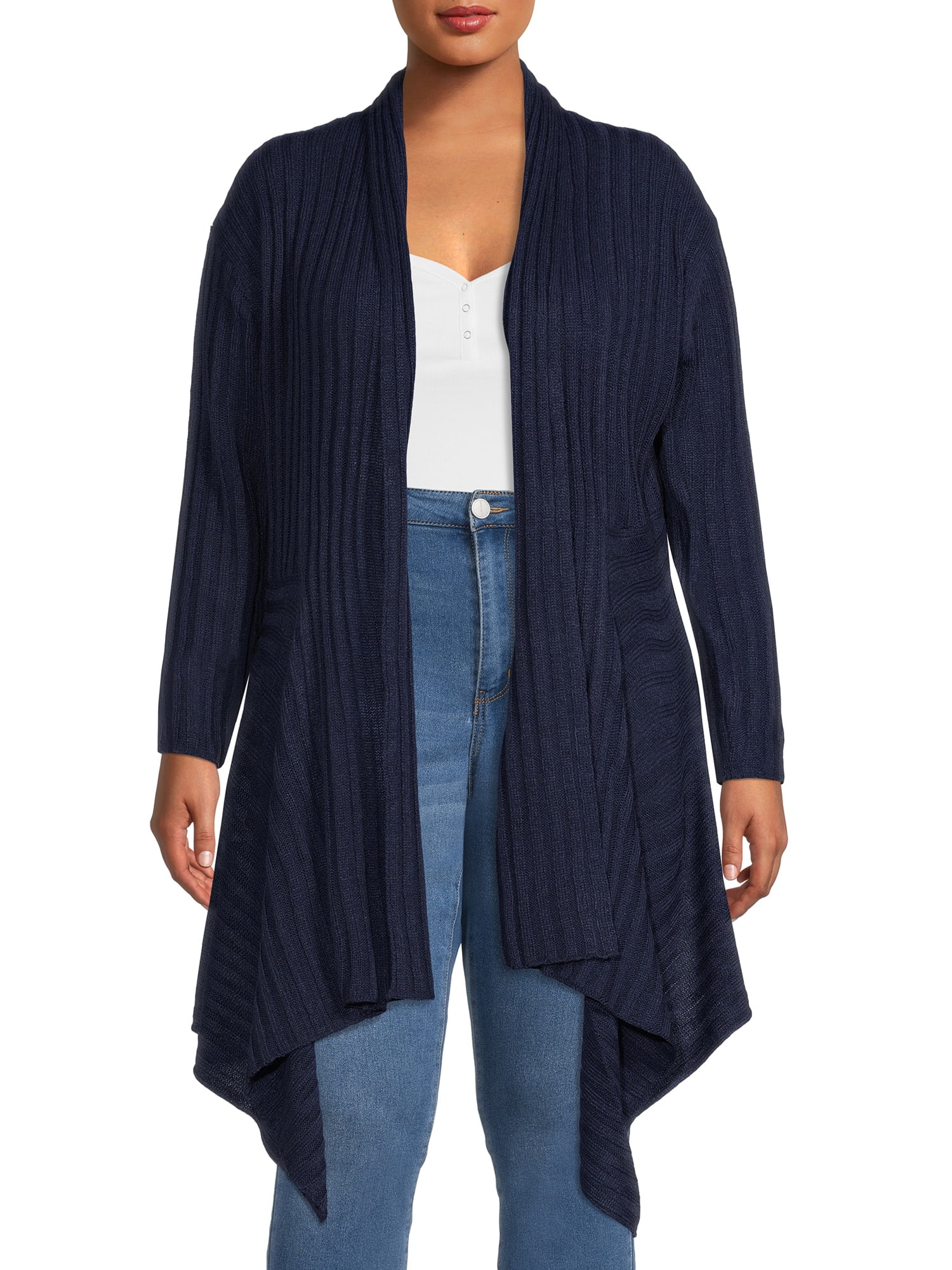 What's Next Women's and Women's Plus Striped Flyaway Cardigan Sweater, Midweight, Sizes XS-4X