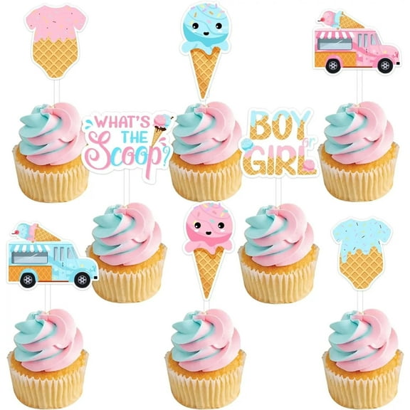 What's The Scoop Gender Reveal Cupcake Toppers Ice Cream Double Sided Paper Cake Decor for Pregnancy Celebration Newborn Party