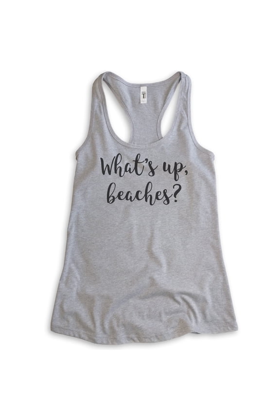 What's Up Beaches Tank Top, Ladies Racerback Tank Top, Beach Tank, Vacation Tank, Heather Gray, Large
