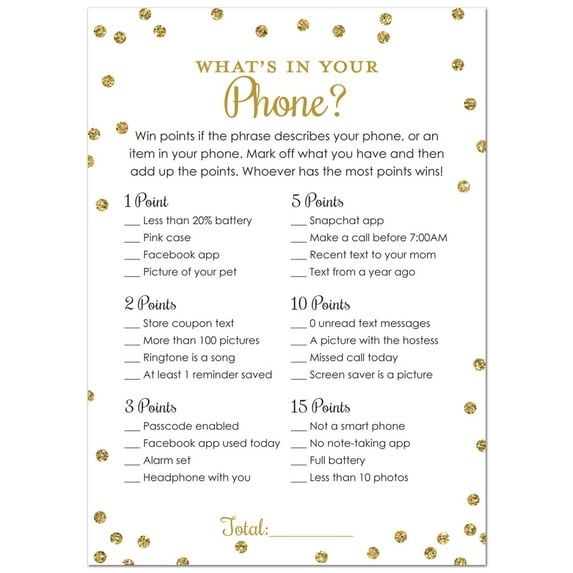 What's in Your Phone Bridal Shower Game - Faux Gold Glitter on White- 24 Cards