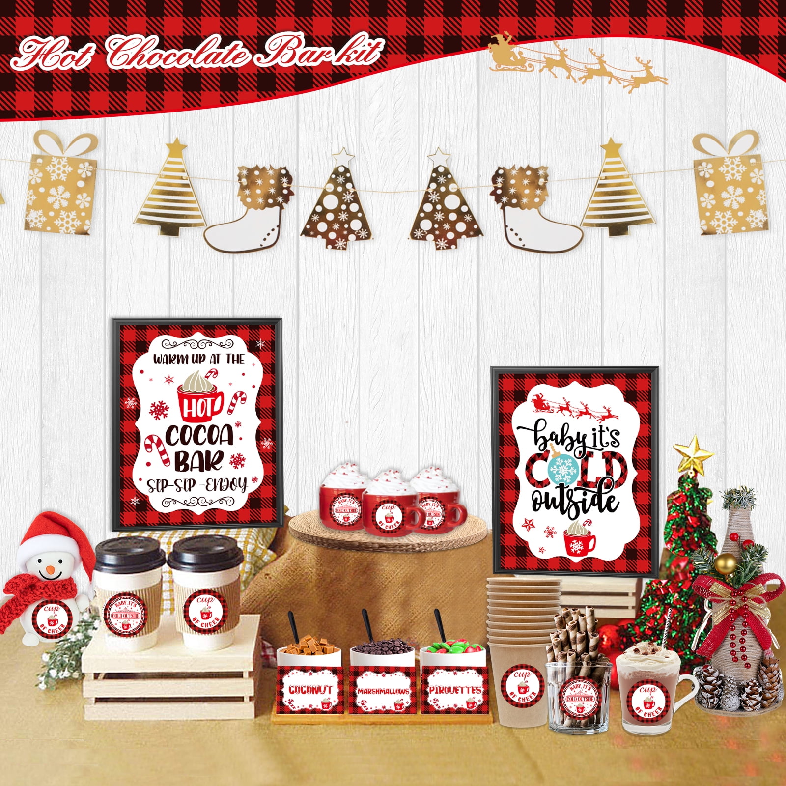 WhatSign Hot Cocoa Bar Kit Sign with Stand Hot Chocolate Bar Supplies  Toppings Cards Cup Tags Hot Cocoa Bar Sign for Birthday Winter Holiday  Christmas Party Supplies Baby It's Cold Outside Decorations 