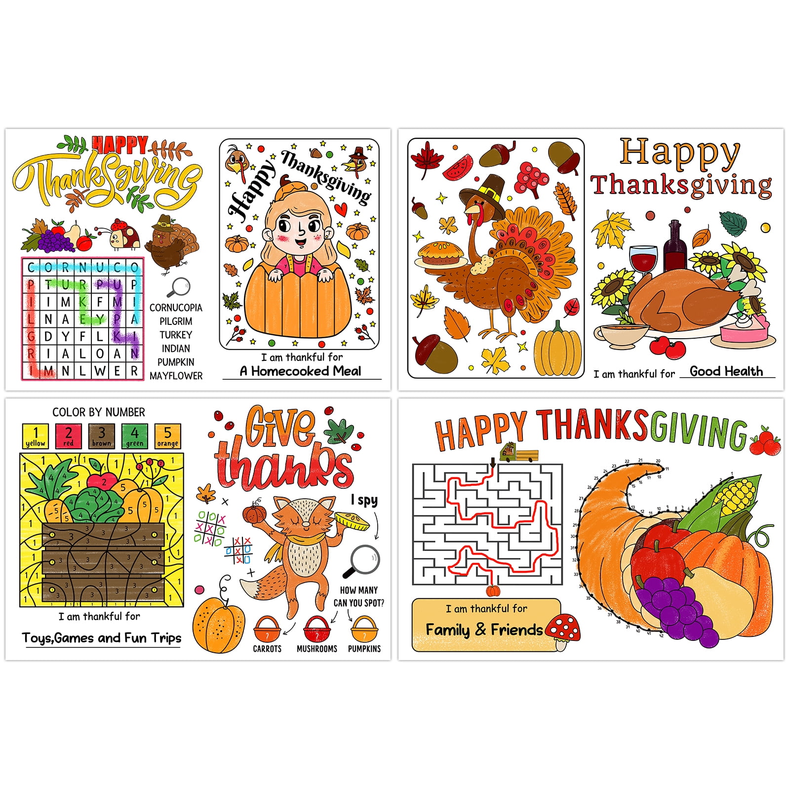 WhatSign Thanksgiving Coloring Placemats for Kids 12 Set Thanksgiving