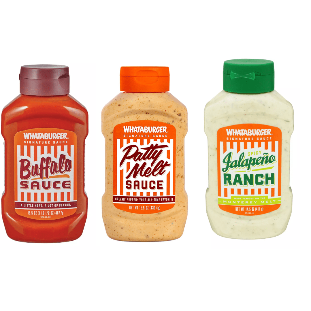 Whataburger Spicy Jalapeno Ranch, 14 oz Whataburger Real Mayonnaise, 18 oz Whataburger Original Mustard, 16 oz