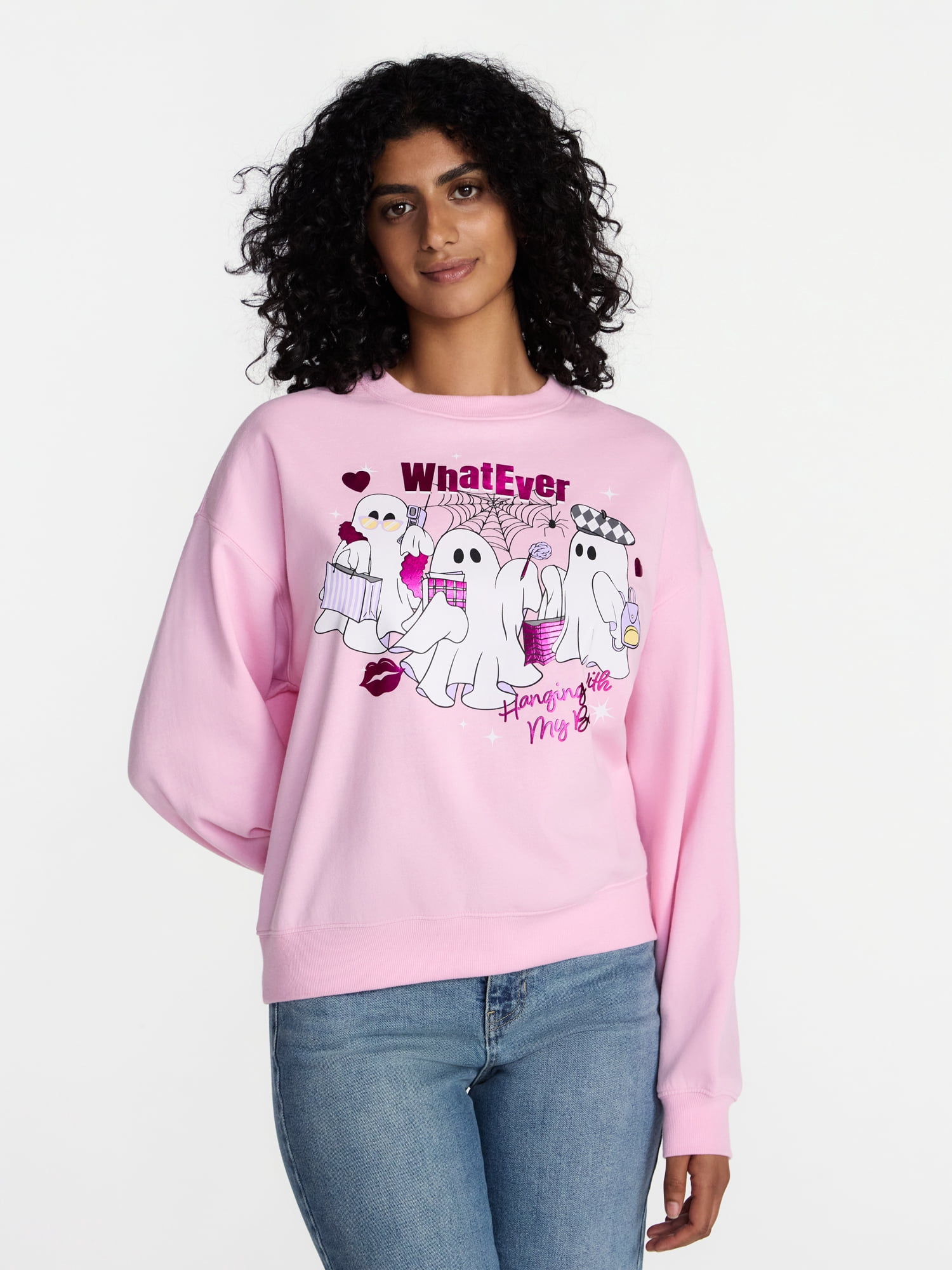 Whatever Ghost Women's Halloween Graphic Crew Sweatshirt, Sizes XXS-XXL