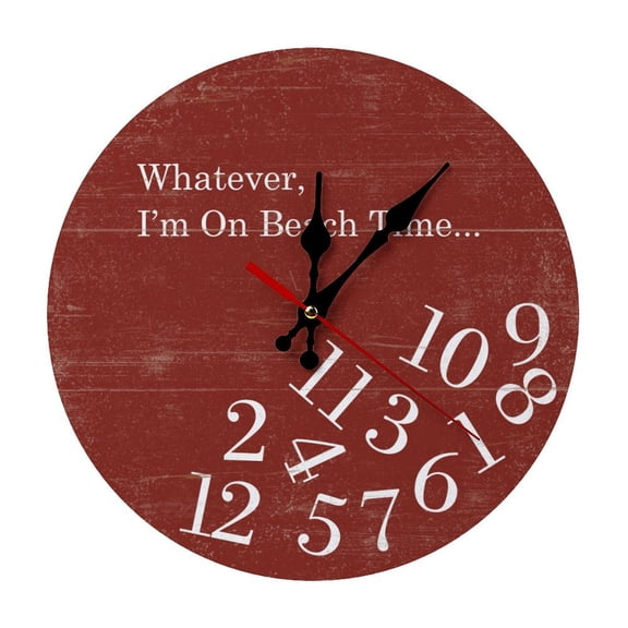 Whatever I'm On Beach Time Red Durable Wooden Analog Wall Clock, Silent Sweep Clock for Living Room & Office Decor