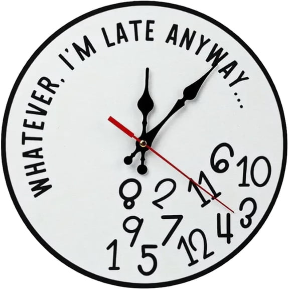 Whatever I'm Late Anyway Wall Clock Funny Sarcastic Wooden Irregular Timepiece Decorative, 12 Inch Silent Non-Ticking Round Clock with Scramble Numbers for Office Home Decor Procrastinator Gift