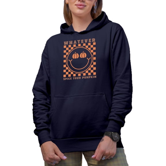 Whatever Spice Your Pumpkin, Retro Checkerboard Fall Art Merch Gift, Navy Blue Hooded Sweatshirt or Hoodie, Large