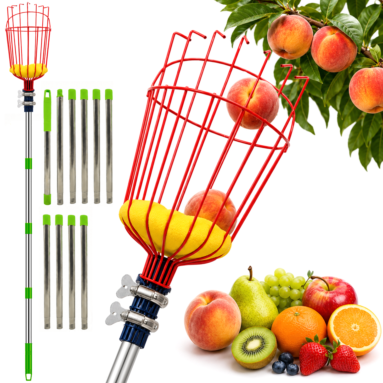 PUCACHI Fruit Picker with Gloves and Storage Bag, 13 FT Adjustable Fruit Picker Pole with Basket, Stainless Steel Connecting Pole, Foam Pad and Metal Clamp, Red