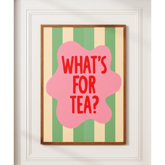 Whats For Tea Kitchen Print, Bold Funky Typography Wall Art, Green Pink Striped Poster Unframed Paper Print
