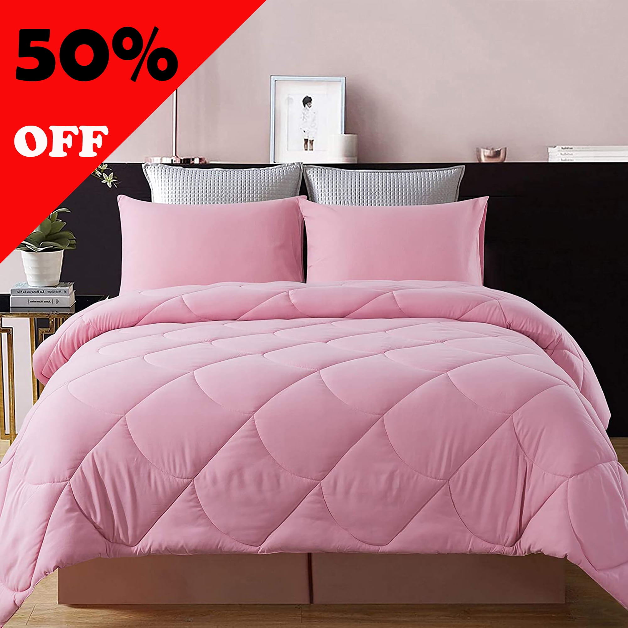 WhatsBedding 2 Pieces Bed in a Bag Comforter Set Duvet Insert,Reversible,Pink,Twin