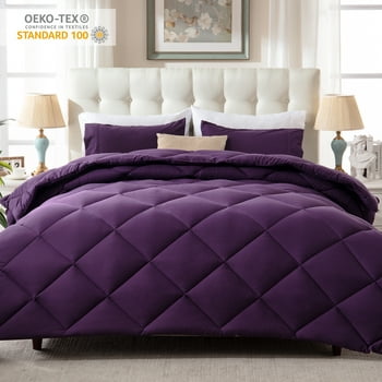 WhatsBedding 3 Pieces Bed in a Bag Comforter Set Duvet Insert Solid,All Season,Purple,King