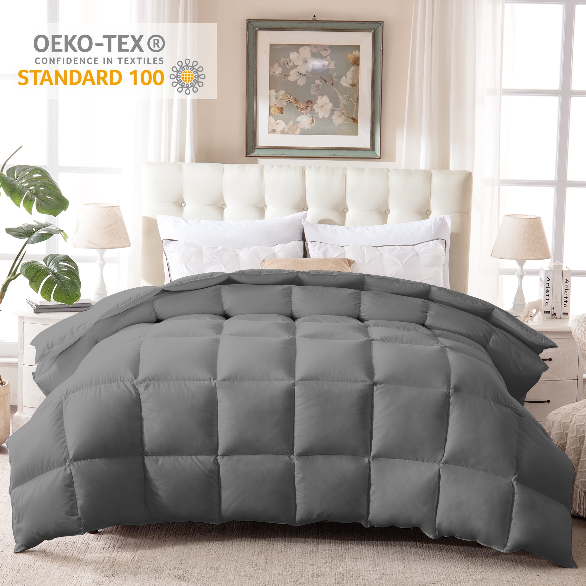 WhatsBedding Queen Size Down Grey Comforter, Feather Duvet Insert, All ...