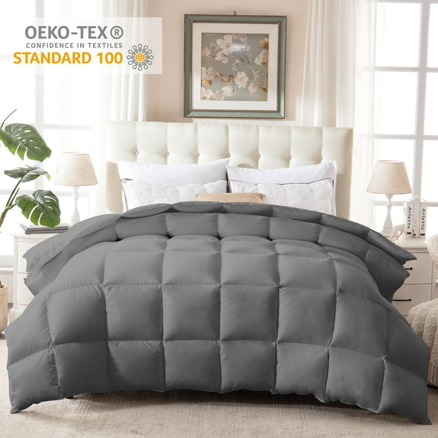 WhatsBedding Down Grey Comforter Feather Duvet Insert Summer Cooling