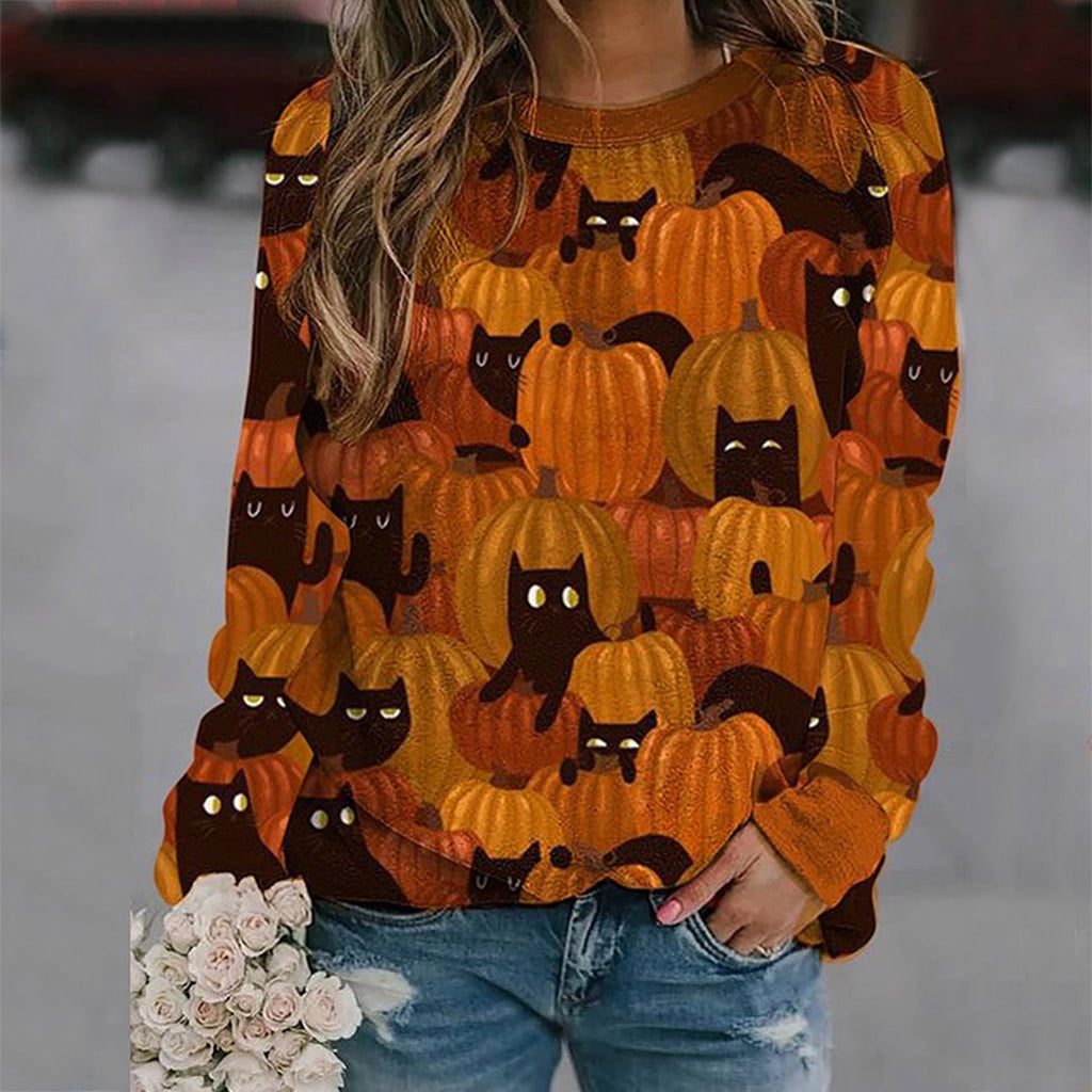 Whblf Pumpkin Halloween Tops for Women Long Sleeve Plus Size,Womens