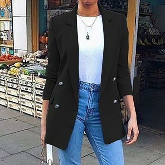 Whblf Womens Blazer Jacket Long Sleeve Coat Solid Turn Down Collar Outerwear