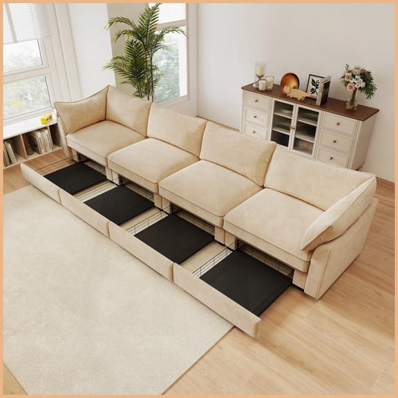 Wheat Chenille 4-Seat Modern Sofa with Under-Seat Storage - Ideal for Living Rooms
