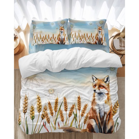 Wheat Ear Fox Bedding Duvet Cover Set Twin Size 4 Pieces Fall Thanksgiving Daisy Sky Animal Bedding Set with Zipper Closure, 1 Comforter Cover 68x90 Inches 1 Flat Sheet & 2 Pillow Cases