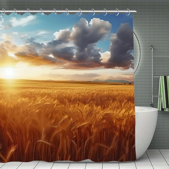 Wheat Field Sunset Clouds Print Shower Curtain,Modern Fabric Waterproof Shower Curtain Set with Hooks,70.8×70.8Inch