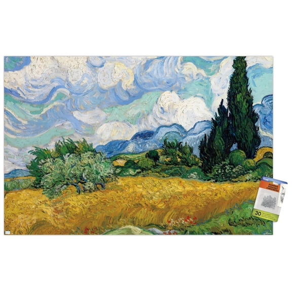 Wheat Field with Cypresses Wall Poster with Push Pins, 22.375" x 34"