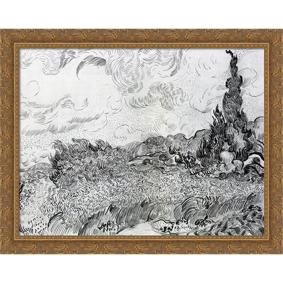 Wheat Field with Cypresses at the Haude Galline near Eygalieres 36x28 Large Gold Ornate Wood Framed Canvas Art by Vincent van Gogh